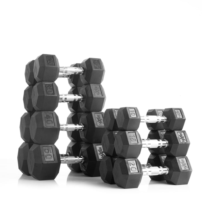 XMARK Rubber Hex Dumbbell Pairs (10 to 50 lbs) and 2-Tier Storage Rack
