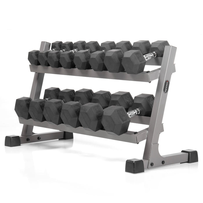 XMARK Rubber Hex Dumbbell Pairs (10 to 50 lbs) and 2-Tier Storage Rack