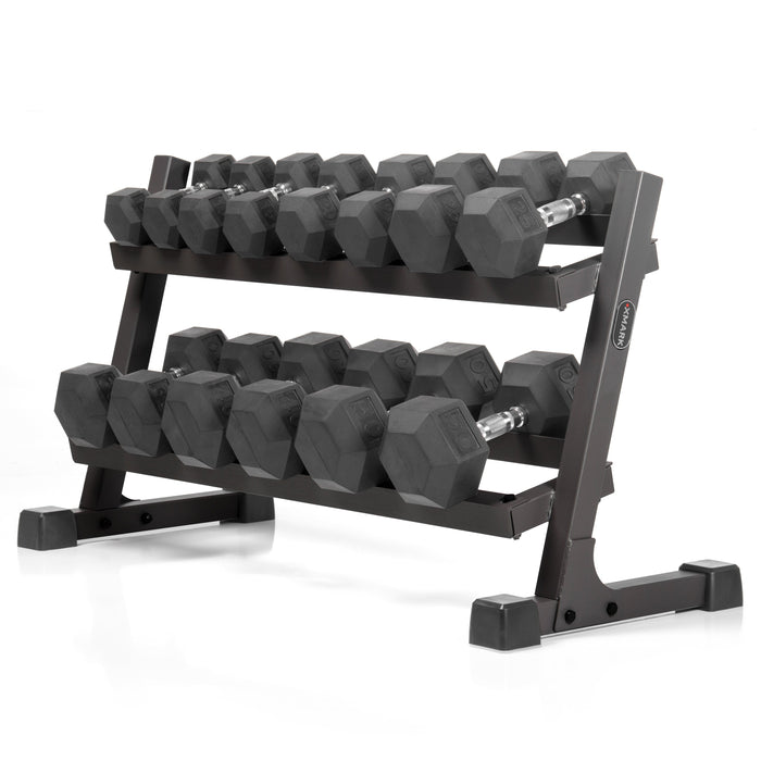 XMARK Rubber Hex Dumbbell Pairs (10 to 50 lbs) and 2-Tier Storage Rack