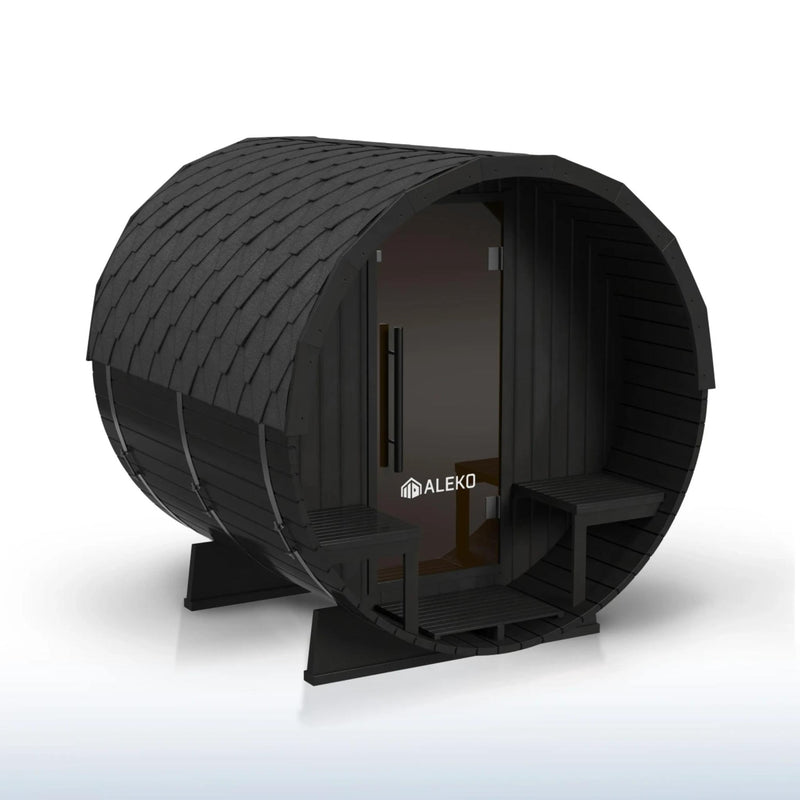 ALEKO Aster Barrel Outdoor Sauna with Porch – 3-5 Person