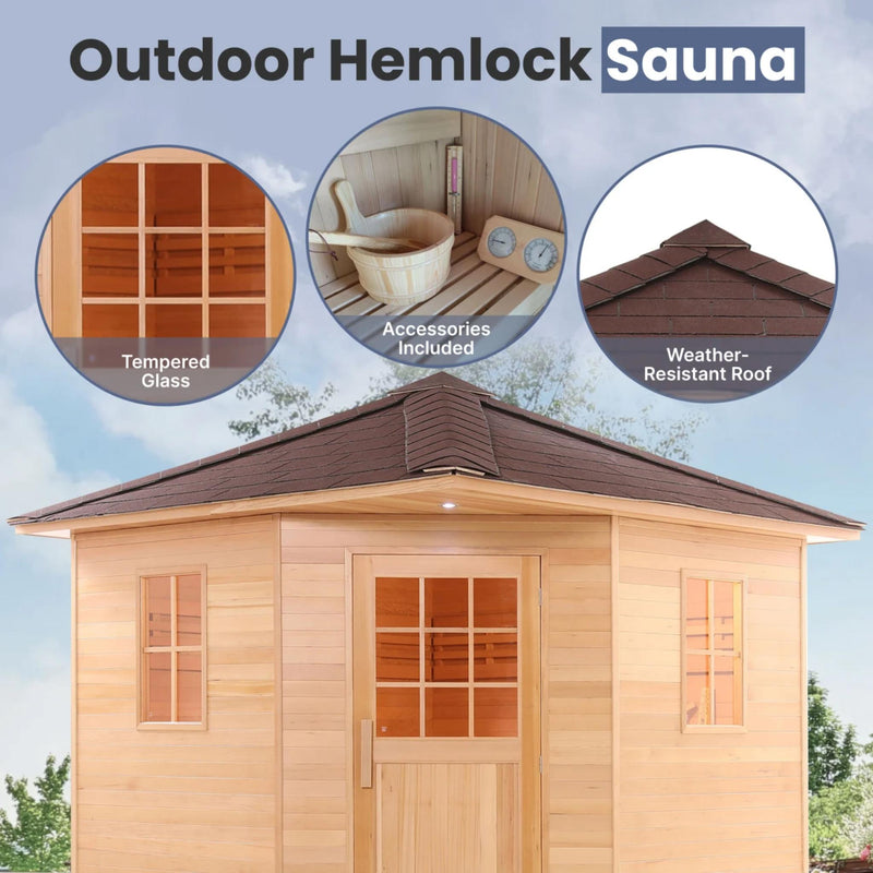 ALEKO Canadian Hemlock Wet Dry Outdoor Sauna with Asphalt Roof - 8 Person
