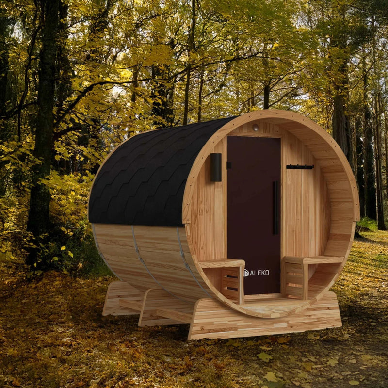 ALEKO Liatris Rustic Cedar Barrel Sauna with Front Porch Canopy - 5-6 Person