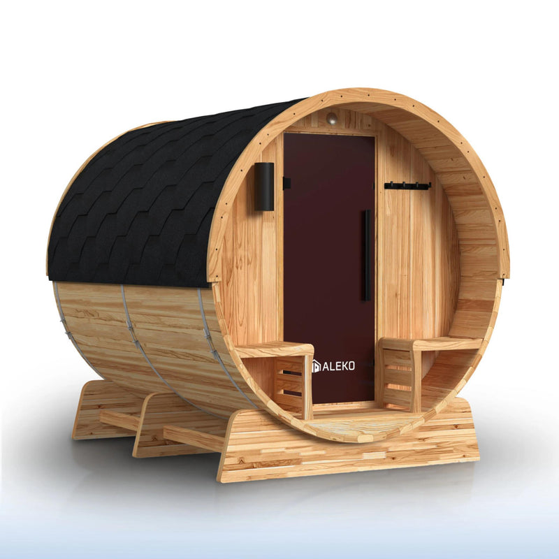 ALEKO Liatris Rustic Cedar Barrel Sauna with Front Porch Canopy - 5-6 Person