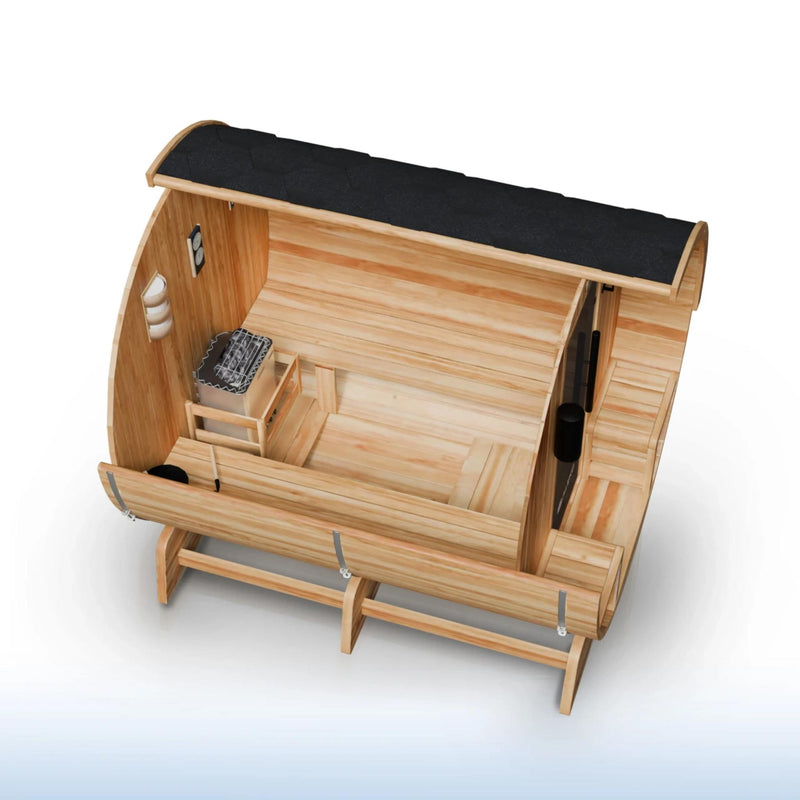 ALEKO Liatris Rustic Cedar Barrel Sauna with Front Porch Canopy - 5-6 Person