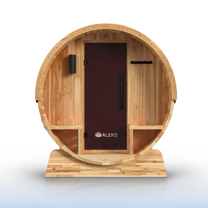 ALEKO Liatris Rustic Cedar Barrel Sauna with Front Porch Canopy - 5-6 Person