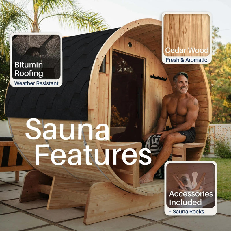 ALEKO Liatris Rustic Cedar Barrel Sauna with Front Porch Canopy - 5-6 Person