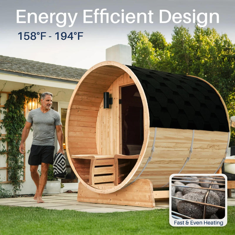 ALEKO Liatris Rustic Cedar Barrel Sauna with Front Porch Canopy - 5-6 Person