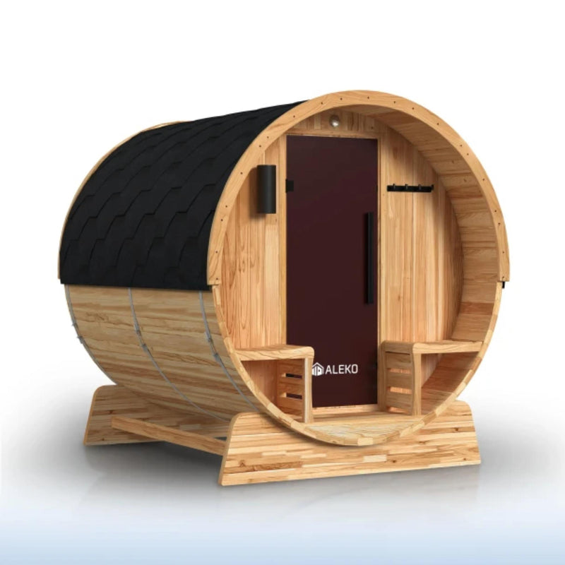 ALEKO Liatris Rustic Cedar Barrel Sauna with Front Porch Canopy - 2-4 Person