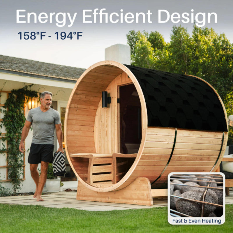 ALEKO Liatris Rustic Cedar Barrel Sauna with Front Porch Canopy - 2-4 Person