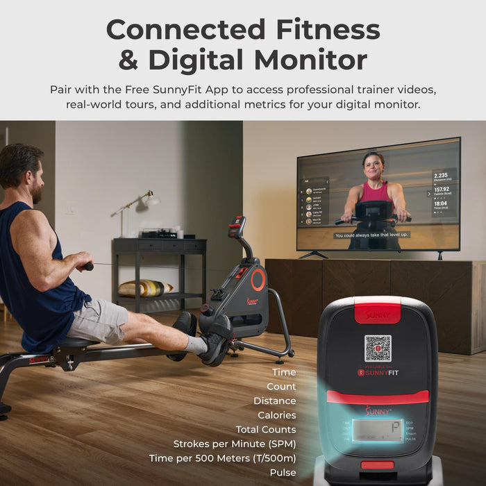 Sunny Health & Fitness Premium Smart Ultra Quiet Dual Slide Rail Magnetic Rowing Machine
