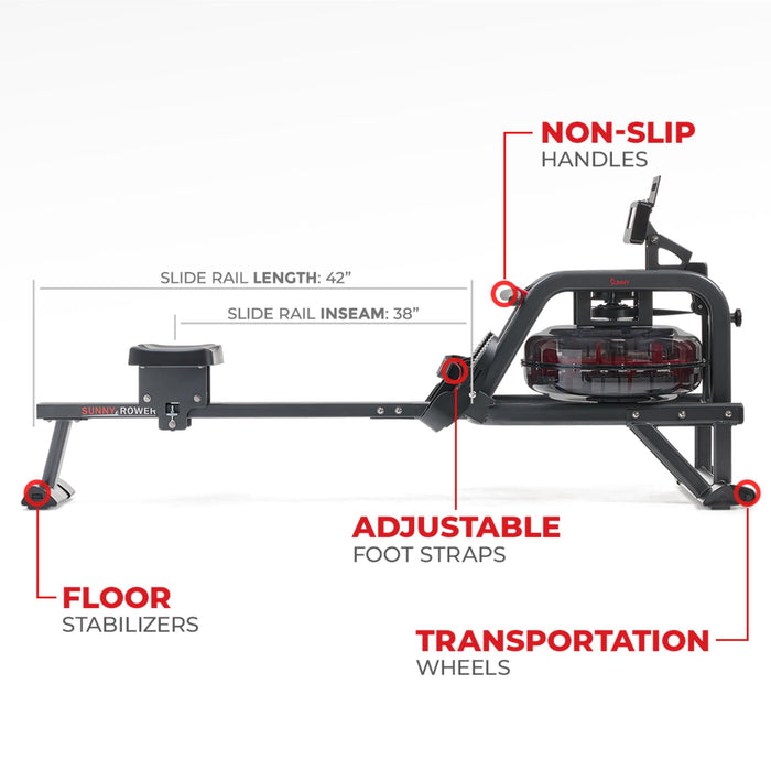 Sunny Health & Fitness Smart Premium Smart Obsidian Surge 500 m Water Rowing Machine